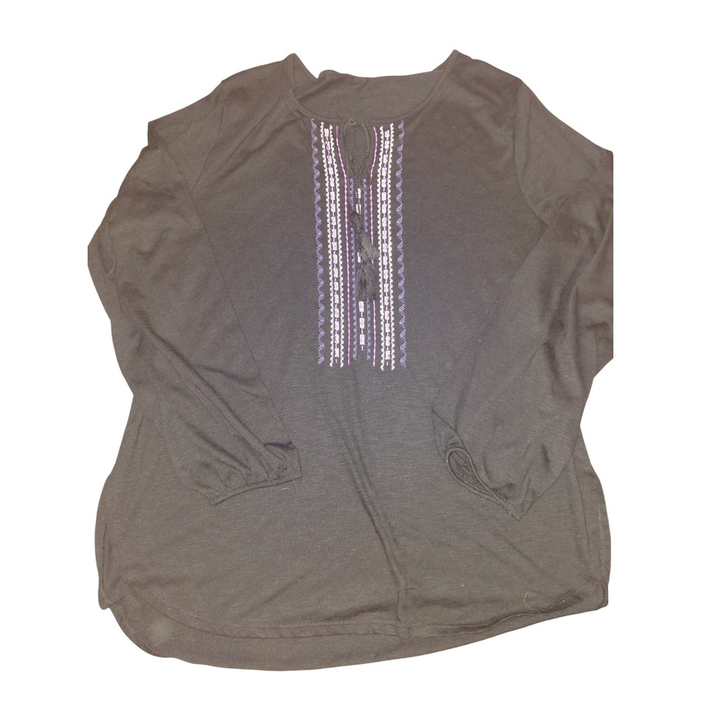 Faded Glory Womens XL Black Embroidered Tassel Peasant Top Long Sleeve Blouse